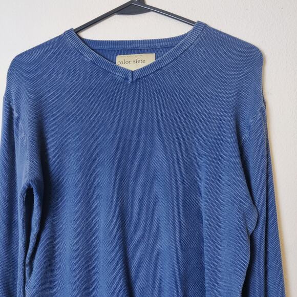 Color Siete Men's Textured Cotton V Neck Sweater Elbow Patches Blue Small - Picture 4 of 13